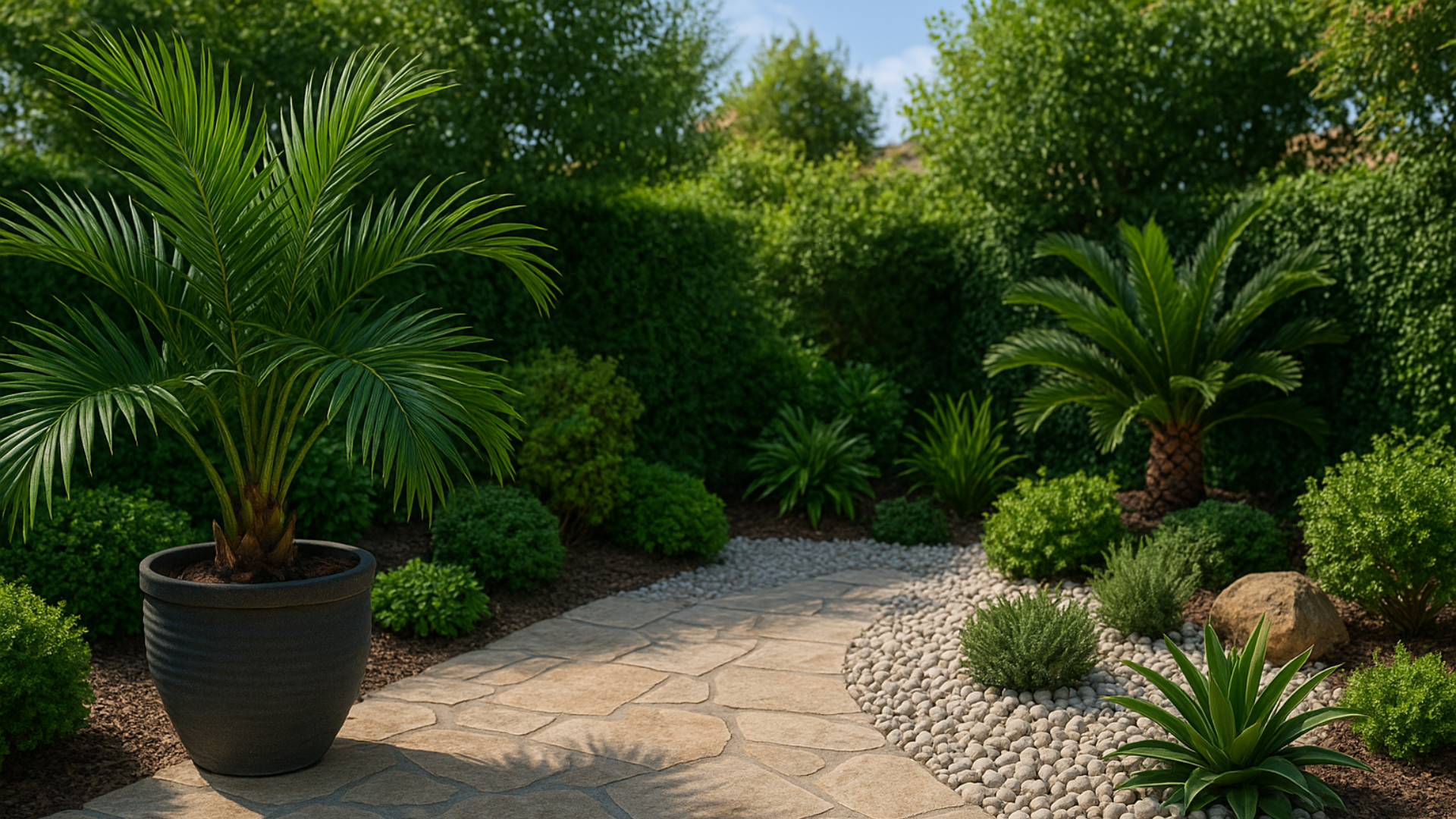 Tropischer Garten mit Polygonale Natursteinplatten