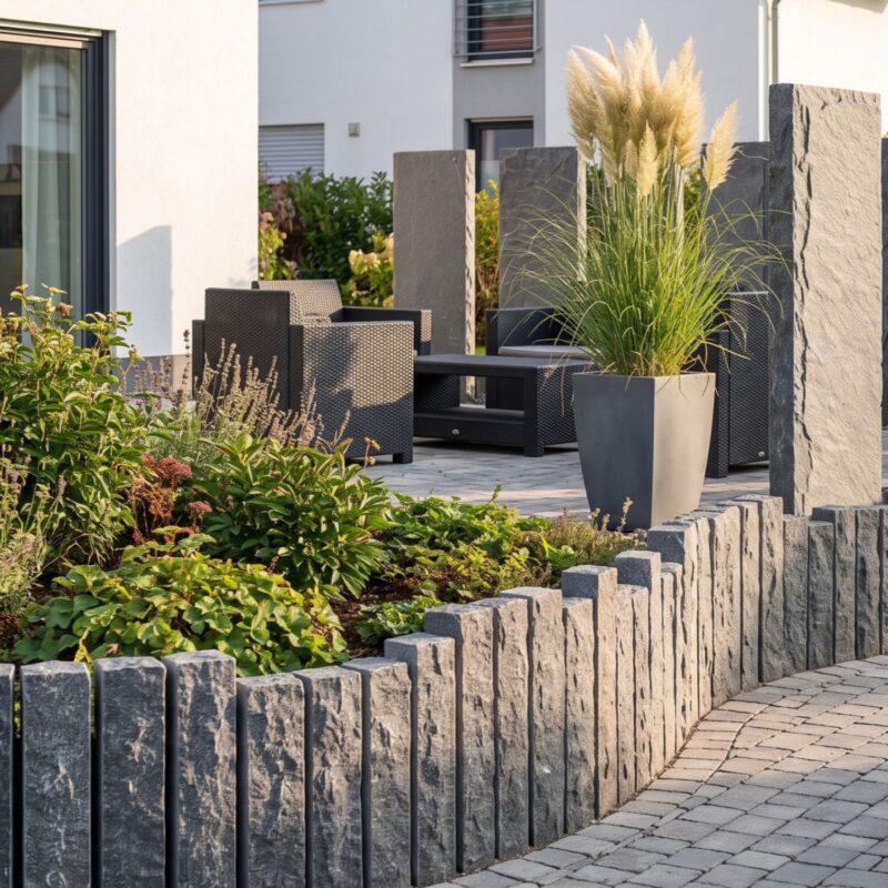 Granitpalisaden und Granitstelen im Terrassenbau - KI generiert