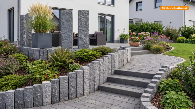 Granitpalisaden und Granitstelen im Terrassenbau - KI generiert