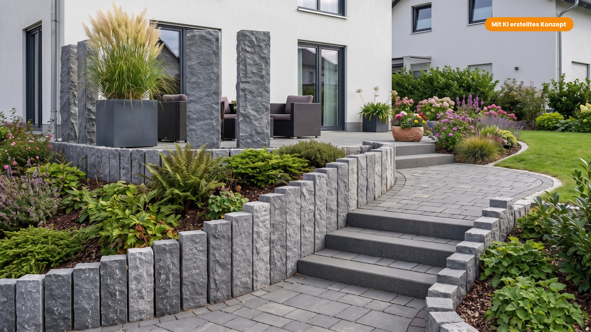 Granitpalisaden und Granitstelen im Terrassenbau - KI generiert